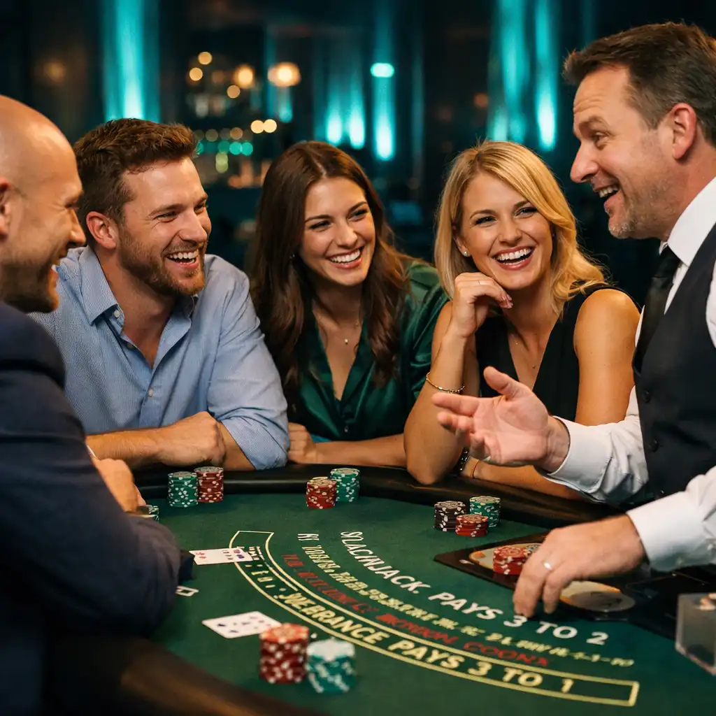 Goście eventu integrujący się przy stole blackjack podczas moderowanej gry