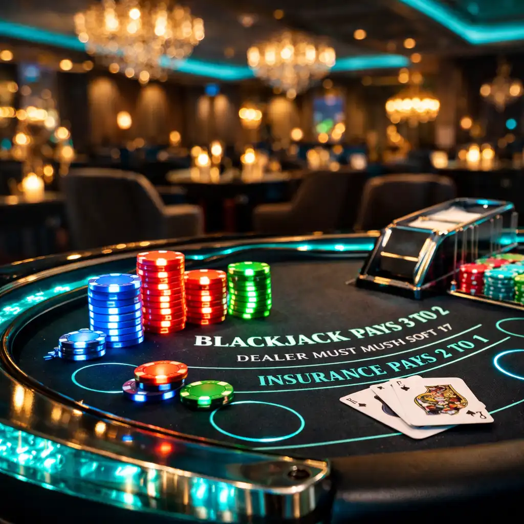 Stylowa scenografia blackjack z podświetlanym stołem i turkusową oprawą świetlną