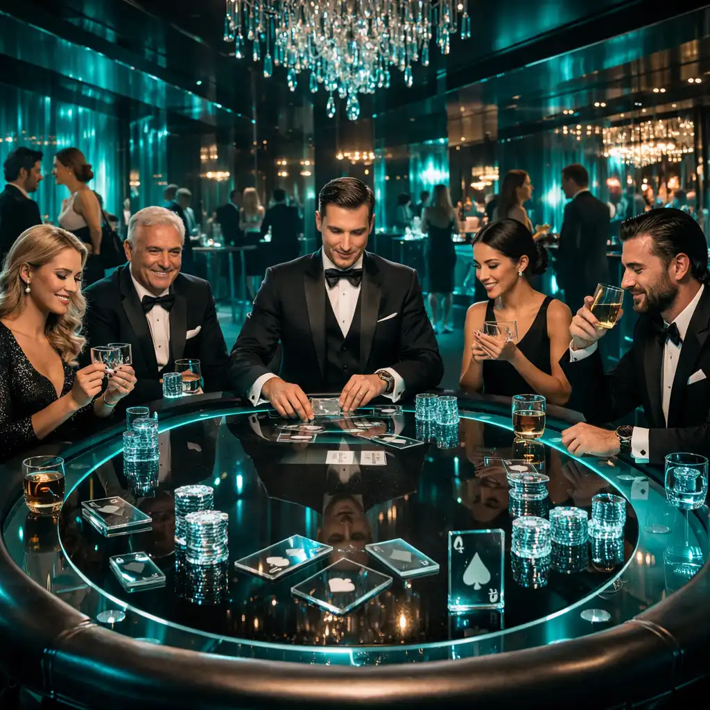 Eleganczny mobilny event rozrywkowy z moderowanymi stołami do gry i gośćmi w wieczorowych stylizacjach