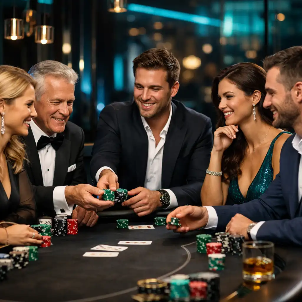 Goście śmiejący się i rozmawiający przy stole pokerowym podczas eventu