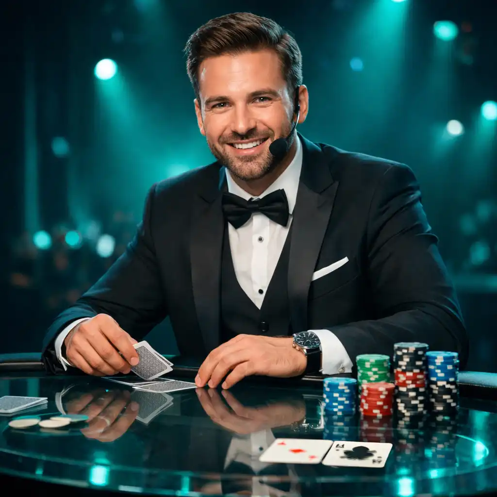 Host prowadzący moderowaną rozgrywkę pokerową przy eleganckim stole